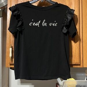 3/$30 UNIQUE Black Ruffle Short Sleeve  Top Embodied W/ Sparkly Rhinestones Med